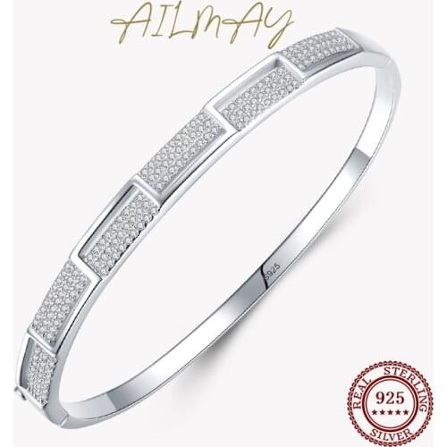 Ailmay Real 925 Sterling Silver Clear CZ Platinum Fashion Bracelets For Women Classic Luxury Wedding Accessories Jewelry GIFT