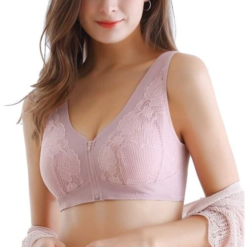 Wireless Womens Full Coverage Zipper Front Bra Lace Embroidery Underwear Padded Push Up Bra Lingerie for Woman XXXL