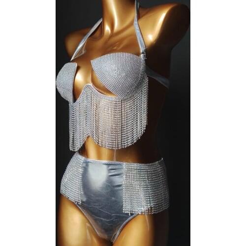 Silver Rhinestones Tassel Bra Shorts Fringe Bikini Outfit Sexy Women DJ Pole Dancing Costume Nightclub Bar Sexy Stage Wear