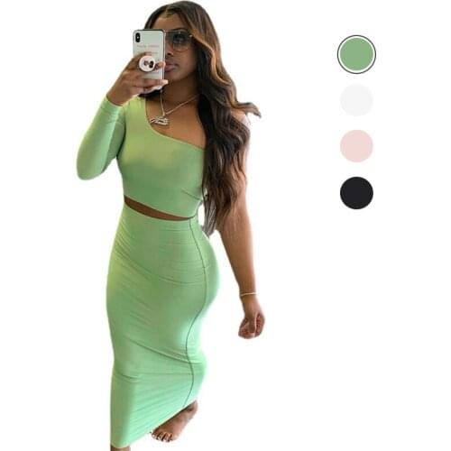 Two Piece Set Skirt and One Shoulder Long Sleeve Crop Top Fall Clothes for Women 2021 Fashion Sexy Club Outfits Female Clothing