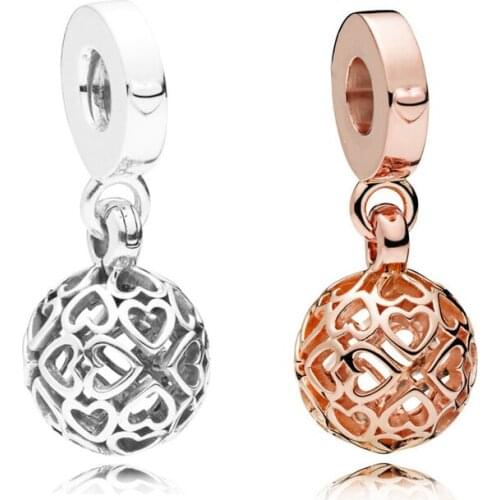 2 Colors Silver & Rose Golden Hearts Pendant 925 Sterling Silver Charms For Bracelets Women Heart Ball Charms for Jewelry Making