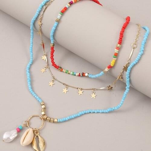3 Pcs/Set Boho Fashion Natural Shell Star Pendant Blue Glass Beaded Long Necklaces For Women Trendy Gold Metal Chain Necklace