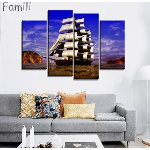 4pcs No Frame Seascape Sailing Boat Blue Sea Wall Art Oil Painting On Canvas For Home Wall Art Picture Customized and Wholesale