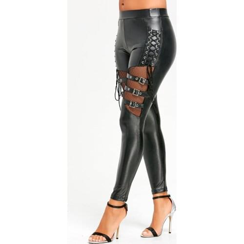 Trousers For Women Fishnet Insert Lace Up PU Leather Female Pencil Pants Mid Elastic Waist Fashion Skinny Tight Pants 2021