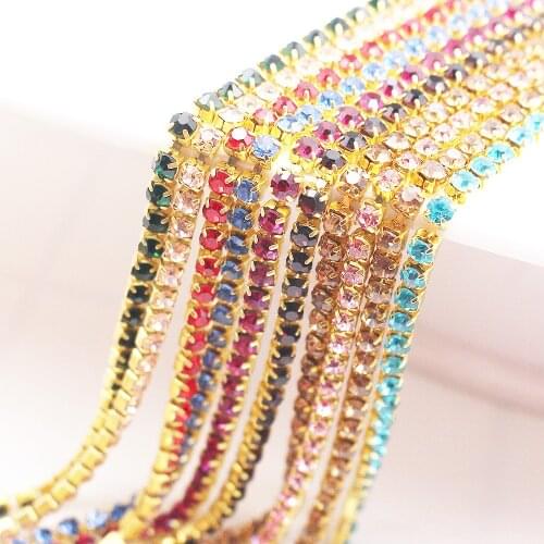 Rhinestones Cup Chain 1 Meter Gold Claw Cup Base Shiny Crystals Strass Stones Trim Chain Sewing Accessories Rhinestones Chain