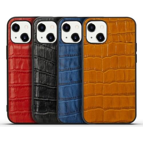 Genuine Leather Cover For Iphone 13 12 11 Pro Max Mini Soft Black Silicone + Real Natural Cowhide Back Case Crocodile Grain