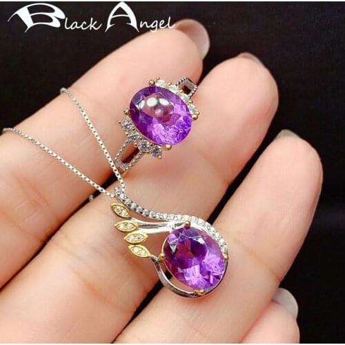 BLACK ANGEL 2021 New Created Elegant Amethyst Gemstone 925 Sterling Silver CZ Jewelry Set Necklace Resizable Ring For Women Gift