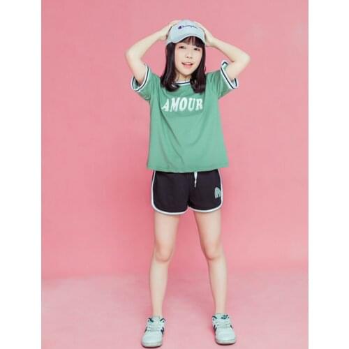 Kids Tshirt Summer Fashion Children Tee Cotton Teens Short Sleeves Loose GreenT Shirt 3D Flock Print Letters Girls Clothes 8-16Y