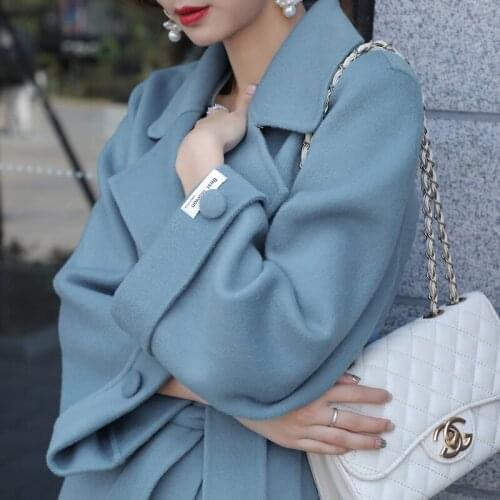 Haze blue double face cashmere coat feminine style versatile 2020 young medium length high end Hepburn style wool coat