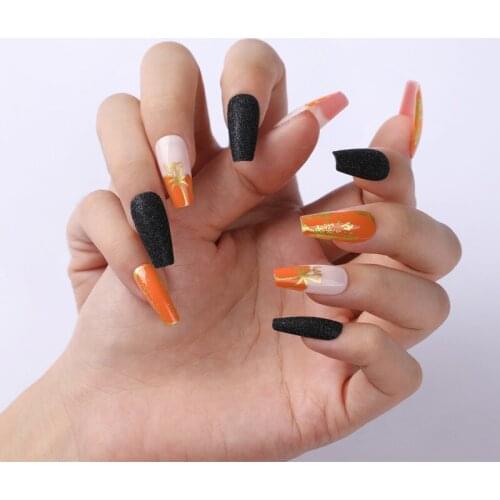 Halloween Gold Foil Pumpkin Mixed Glitter Black Nails Medium Length Ballet Press on Fake Nails SM19210839