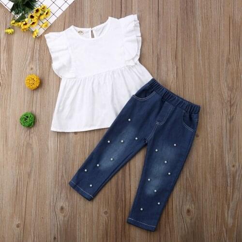 2Pcs Toddler Kids Baby Girls Cotton Top T-shirt Denim Long Pants Outfits Clothes Outfits Casual Summer Clothing 2-7Years