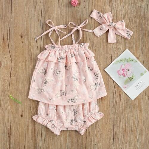 Newborn Baby Girl 3pcs Clothes Set Infant Ruffled Lace Up Floral Tank Tops Ruffles Shorts Hair Band Casual Clothing Outwear