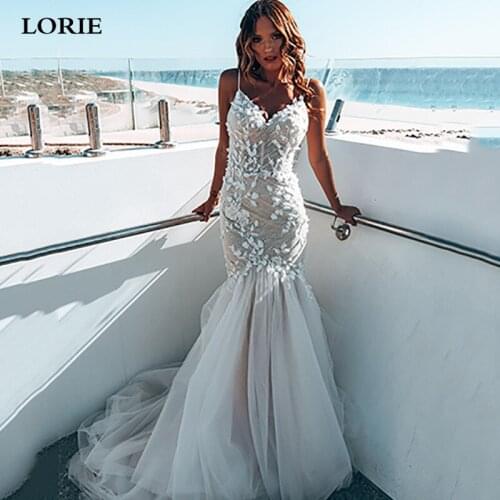 LORIE Mermaid 3d Lace Wedding Dress Sexy Spaghetti Strap Tulle Sweep Train Bride Dress Fitted Stylish Bohemian Bridal Gowns