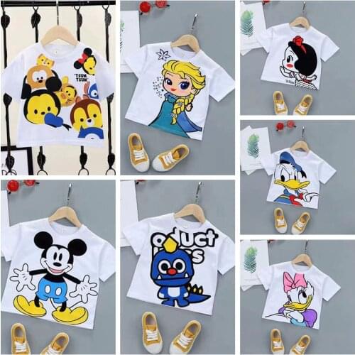 Summer Cartoon Elsa Mickey Donald Tigger Print Baby Boys Girls Short Sleeve T Shirt Kid Cotton Clothes Toddler Tops Tee Costumes