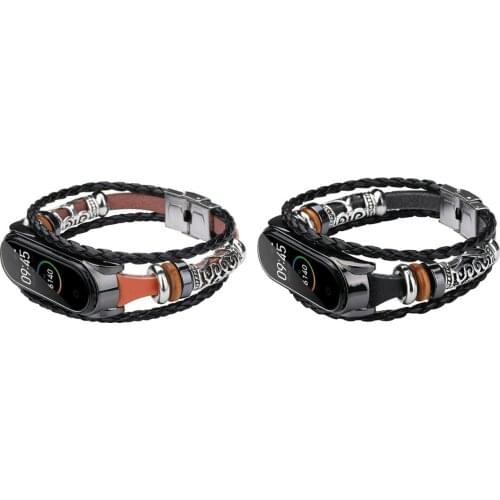 Fashion Leather Braided Bracelet For Xiaomi Mi Band 4/3 Smart Watch Men Carved Flower Metal Buckle Watch Band Replacement Strap