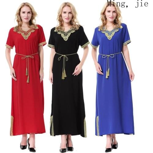 Muslim Arab Middle East Dubai Saudi Malaysia Womens Robe Long Skirt Dress Embroidery Black Blue Red Turkish