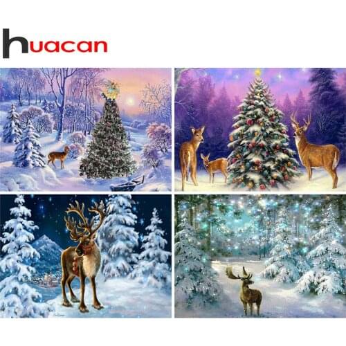 Huacan DIY Diamond Painting 5D Deer Full Diamond Mosaic Cross Stitch Embroidery Kits Winter Rhinestone Christmas Decor