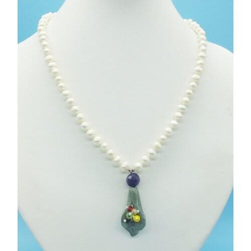 Delicate, 6-7MM Natural White Freshwater Pearl Necklace Semi-Precious Stone Pendant 18 "