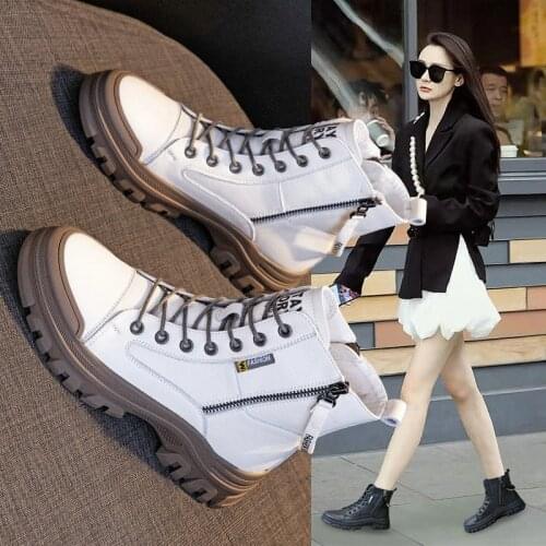 2021 New Cowhide Leather Martin Boots Womens Casual Sports Tooling Womens Boots Thick Heel Flat Student Short Boots