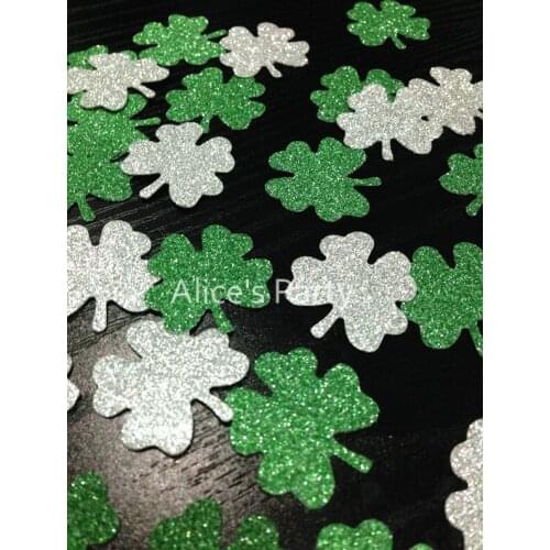 New Hand punched 400pcs Four Leaf Paper Confetti Glittery Silver Green Clover Confetti Baby Shower Party Table Scatter Setting