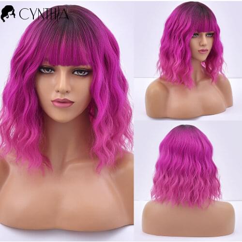 Rose Red Cosplay Short Wave Colored Natural Hair Synthetic Wigs For Women With Bangs Female Heat Resistant Daily Fibre Wig