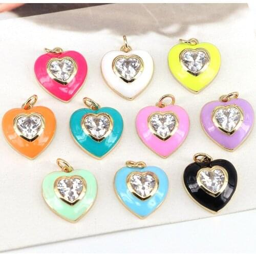 10Pcs, Crystal Zirconia Heart Pendant, New Gold Plated Colorful Enamel Heart Pendant, for Necklace Earring Making Supplies