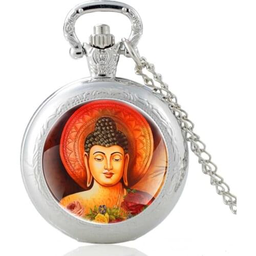 Buddha Pattern Silver Vintage Quartz Pocket Watch Men Women Glass Dome Pendant Necklace Hours Clock Gifts