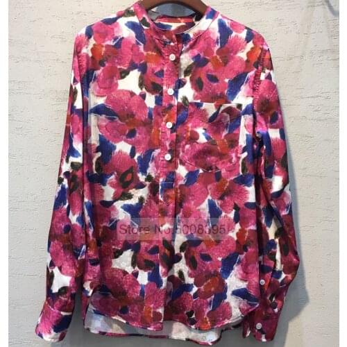 2021SS Woman Floral Printed Shirt Mandarin Collar Long Sleeves Front Buttons Fashion Blouse Top