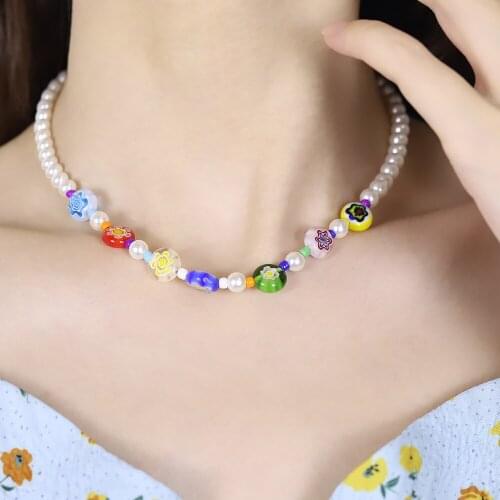Pearl Boho Multicolor Beaded Necklaces for Women Bohemian Costume Metal Chain Handmade Beads Flower Necklace Jewelry Wholesale