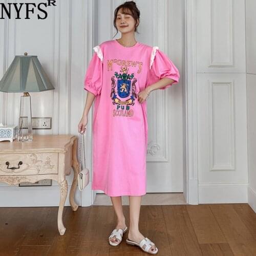 NYFS 2021 Korean New Summer Dress Loose Pinstripe Woman Dress Vestidos Robe Elbise Strawberry embroidery Long Dress