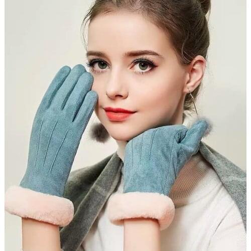 Winter Women 's Cotton Gloves Wool Mouth Cycling Touch Screen Warm Velvet Padded Thickened Driving Outdoor Windproof