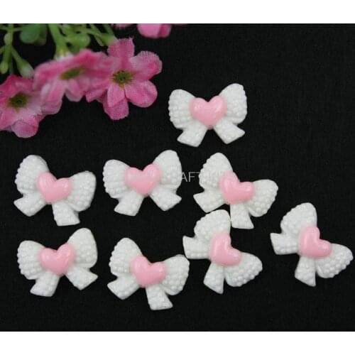 200pcs studded paved shiny White heart bow resin flat back hair bow headband kawaii 19*16mm DIY handicraft
