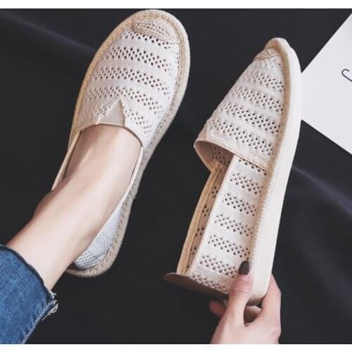 2021Summer Linen Flat Shoes Women Breathable Hollow Out Light Fisherman Shoe Ladies Soft Casual Ballet Flats Slip On Lazy Loafer