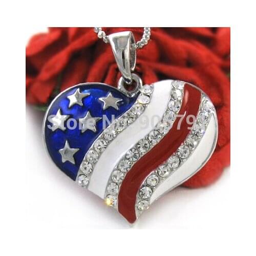 30pcs a lot Trendy Fashion Jewelry enamel american flag heart with clear stones Pendant Necklaces for women