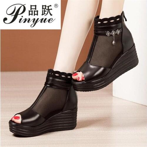 32--43 Wedge heel high heel gauze cold boots for women summer new thick soles hollow breathable large size fish mouth sandals