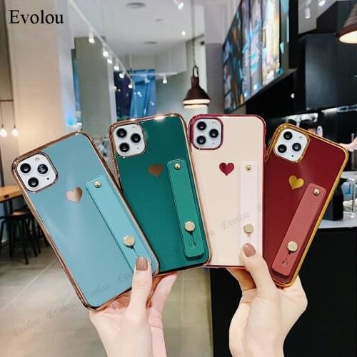 Love Heart Plating Wristband Holder Phone Case For iphone 12 Pro Max XS XR 11 8 7 Plus 12 mini Cases Soft Silicone Back Cover