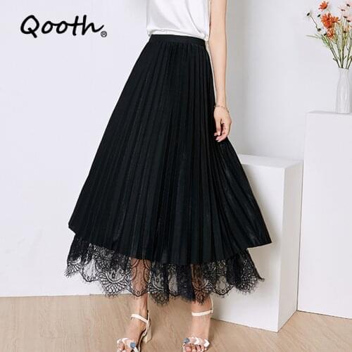 Qooth Autumn Summer Lace Patchwork Trendy Women Skirts All-match Tulle Pleated Skirts Tutu Midi Skirts With Lining QT157