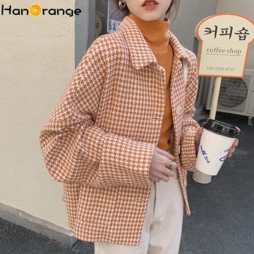 HanOrange Houndstooth Women Thick Shirt 2021 Spring Autumn Loose Korean Tweed Casual Top