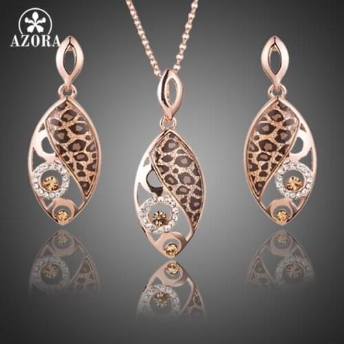 AZORA Unique Leopard With Rose Gold Color Stellux Austrian Crystal Drop Earrings and Pendant Necklace Jewelry Sets TG0209