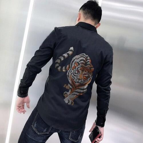 Summer Mens T-shirt Button Design Top Fall Rhinestone Style Cotton Long Sleeve Night Field Tiger Hot Drill Slim Fit
