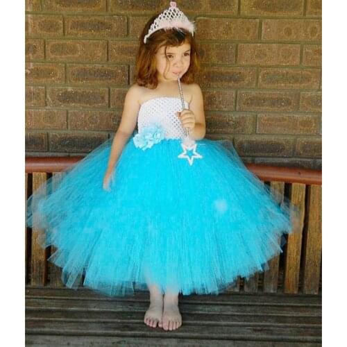 Cute Girls Turquoise Flower Tutu Dress Kids White Crochet Tulle Dress Ball Gown Children Birthday Wedding Party Costume Dresses