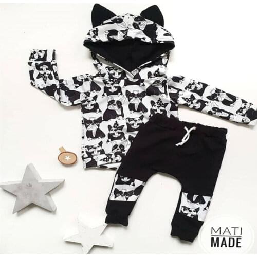 Fashion Newborn Baby Girl Boy Clothes Long Sleeve Cartoon Dog Print Hoodie Tops Kids Hooded Sweatshirt+Long Pants Outfits Set