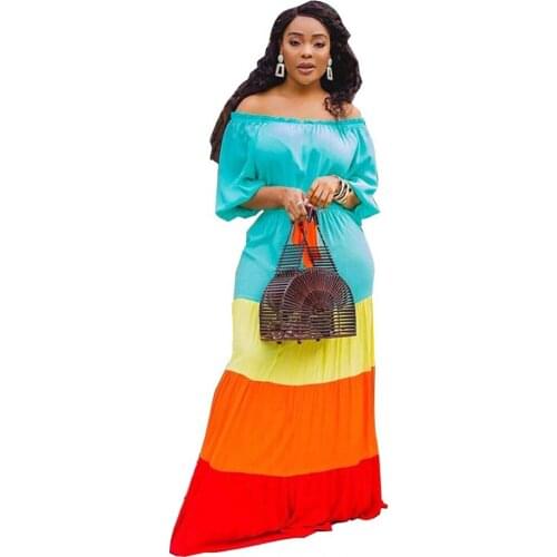 2021 New Summer Womens Short-sleeved Dress African Sexy Slim One-line Dress Fashion Splicing Big Swing Party Colorful Dress