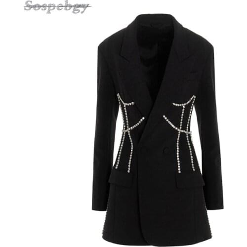 2021 New Autumn Womens Midi Suit Jacket Long-sleeved Double-Breasted Diamond Jacket Fashion Designer Party Wear