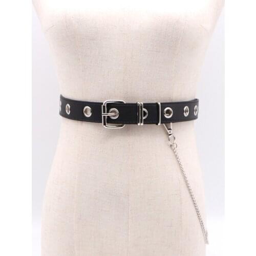 NEW Sexy Woman black PU Leather Strap belt Female HOT Trendy jean Waistband brown Punk rivet design silver Chain Belts For Women