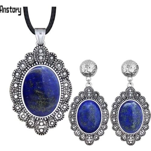 Oval Natural Pink Quartz Lapis Lazuli Jades Jewelry Sets Leaf Pendant Necklace Stud Earrings Vintage Fashion Jewelry NE+EA TS499