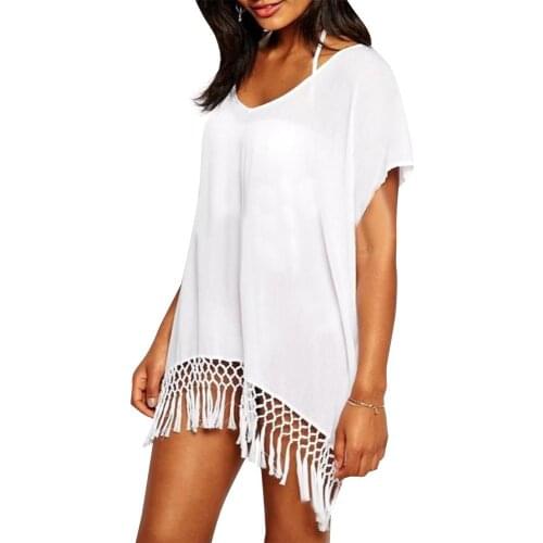Summer Sexy Beach Dress With Tassels Pareo Beachwear Tunic White Chiffon Sarong Swimsuit Sun Protection Blouse Beach Clothing