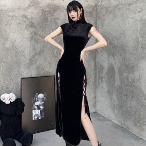 Gothic Women Dress Cheongsam Chinese Style Long Sexy Dresses Vintage Velvet Long Sleeve Side Split Lace Up Women Goth 2021