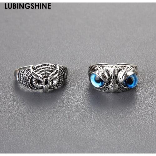 Retro Silver Color Owl Ring Fashion Punk Blue Eye Rings for Women Men Open Adjustable Finger Rings Party Jewelry Gifts