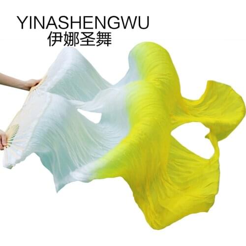 Handmade Bamboo Ribs Dance Props Silk Belly Dance Fans Natural Silk 1 Pc Left hand+1 Pc Right Hand Dancing Silk Fan white+yellow